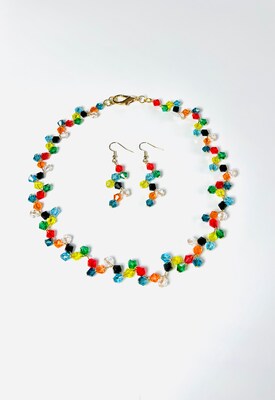 Very colorful necklace with bicones in 8 colors, matching earrings - image2